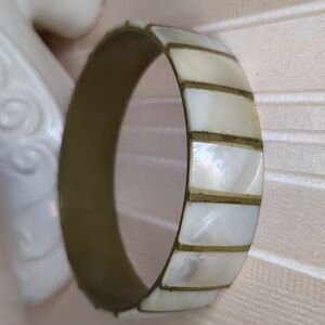 Vintage Bone Over Brass Boho Bangle Bracelet Metal Neutrsl Natural Jewelry